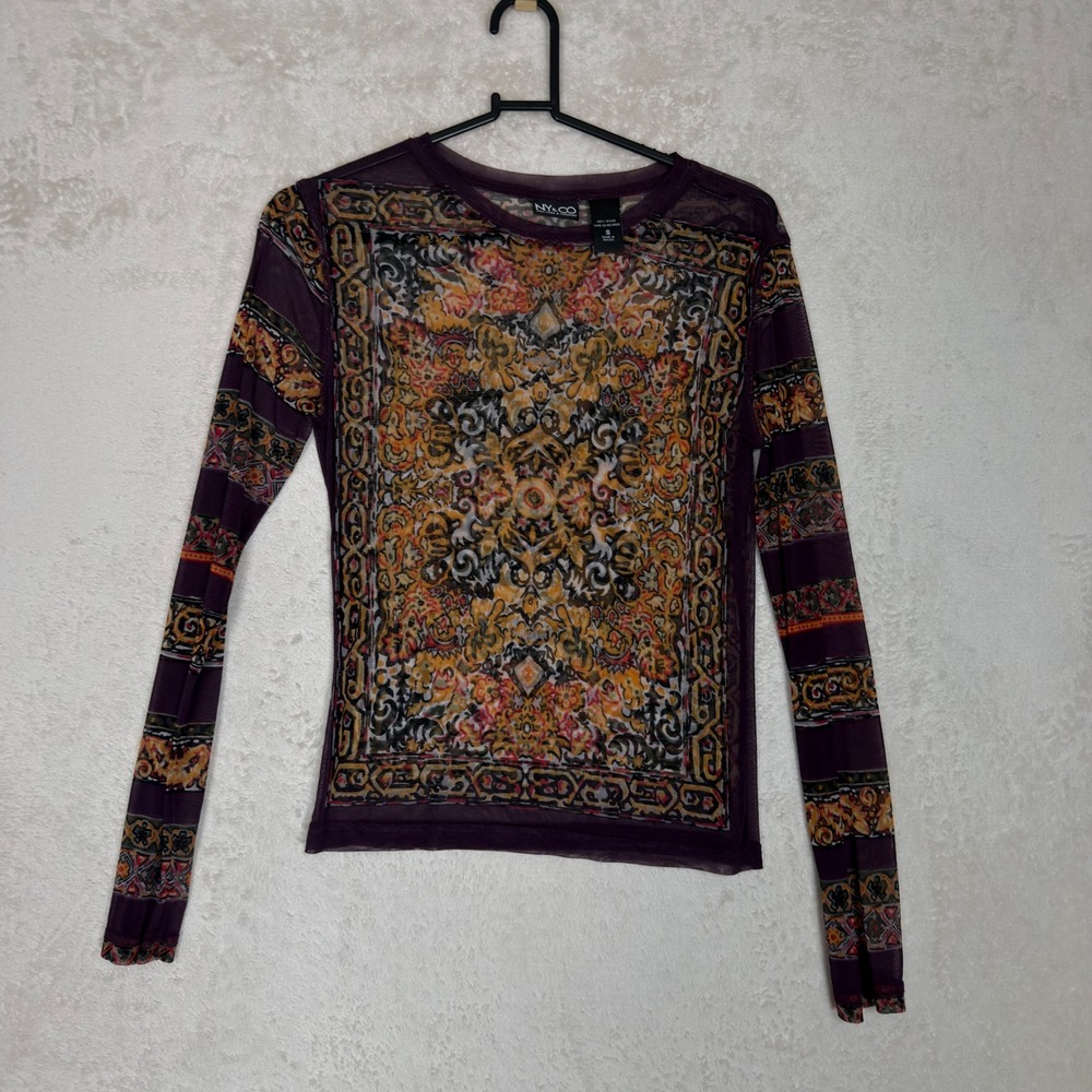 NY&CO Sheer Mesh Tapestry Print Long Sleeve Top Purple Small Boho Eclectic